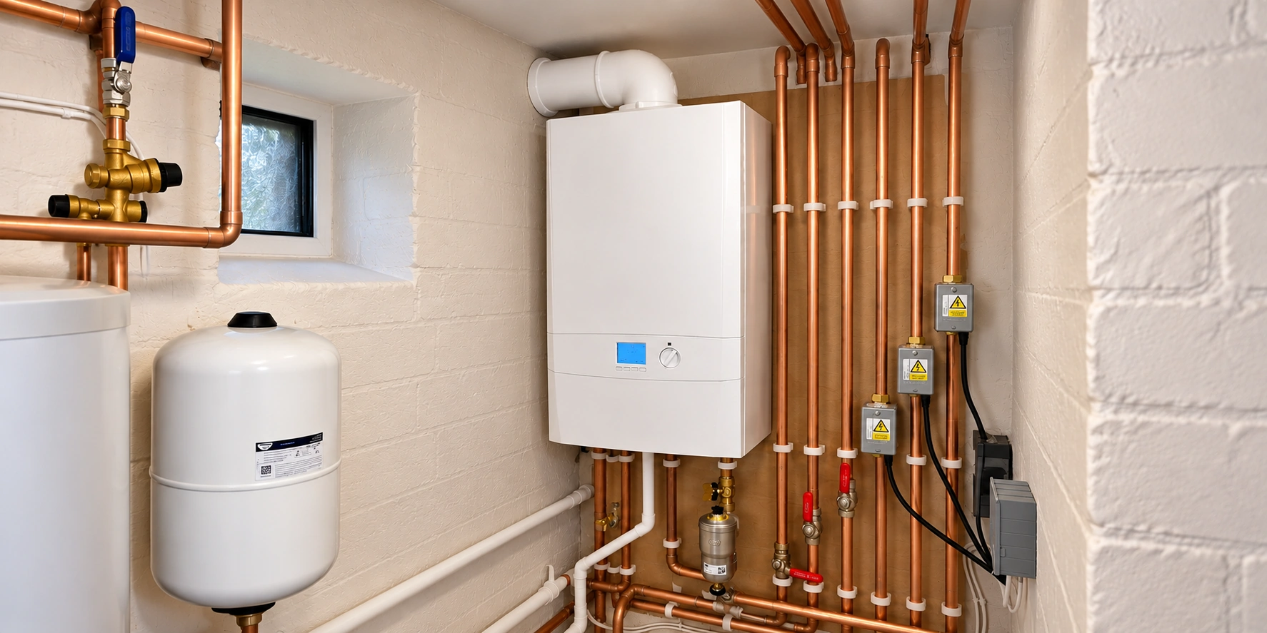 Finished boiler installation with copper pipework
